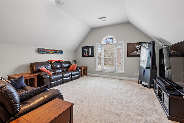 living room featuring lofted ceiling and light colored carpet