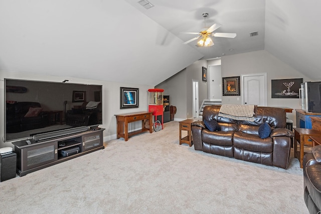 carpeted living room featuring vaulted ceiling and ceiling fan