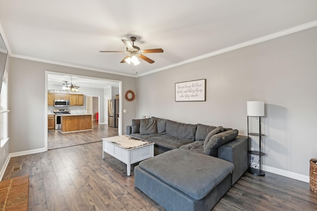 living room featuring crown molding, dark hardwood / wood-style floors, and ceiling fan