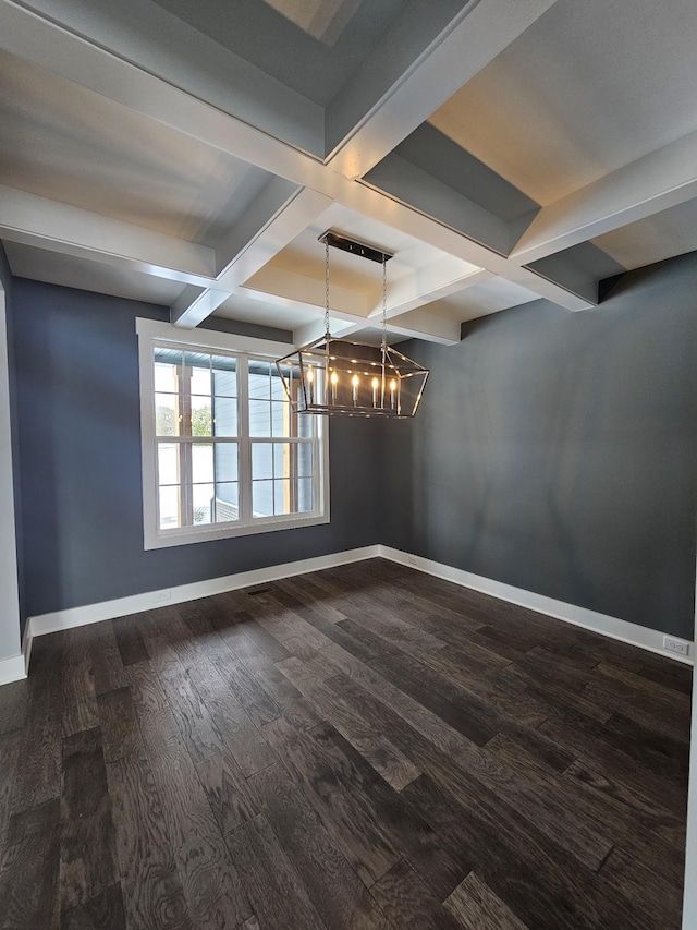 unfurnished dining area featuring coffered ceiling, dark wood finished floors, beam ceiling, and baseboards