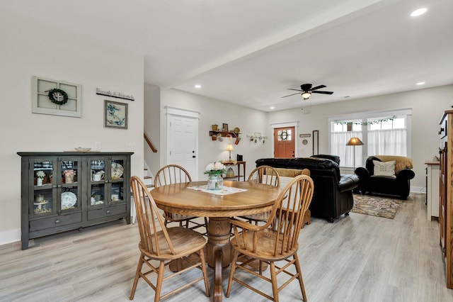 852 Pine Grove Rd, Ringgold, GA 30736 - dining area featuring light wood finished floors, ceiling fan, recessed lighting, baseboards, and stairway