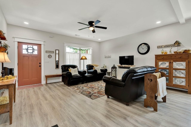 852 Pine Grove Rd, Ringgold, GA 30736 - living room with light wood-style floors, ceiling fan, recessed lighting, and baseboards