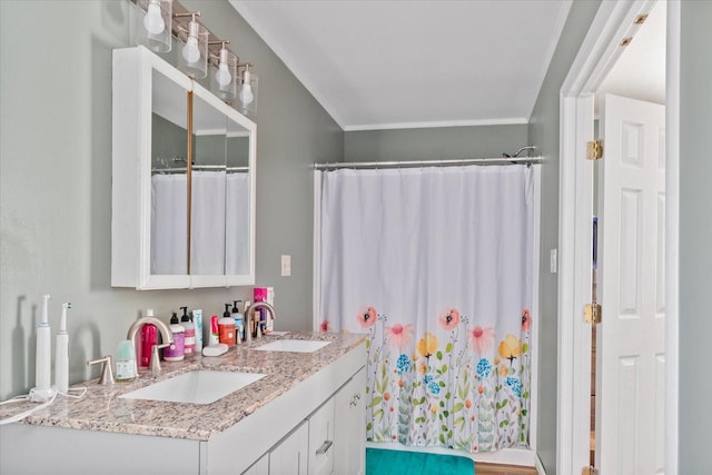 bathroom with vanity, crown molding, and a shower with curtain