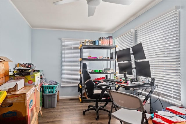 office space with ceiling fan, crown molding, and wood-type flooring