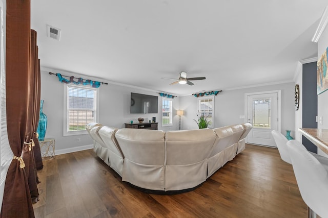 living room featuring ceiling fan, crown molding, and dark hardwood / wood-style floors