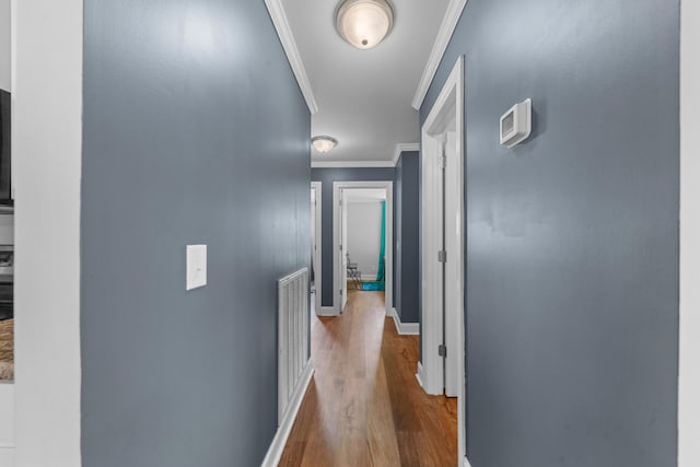 hall featuring ornamental molding and wood-type flooring