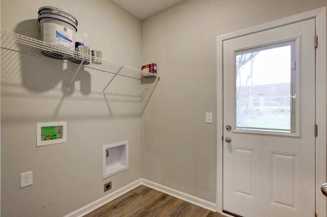 washroom with baseboards, electric dryer hookup, laundry area, dark wood-style floors, and hookup for a washing machine