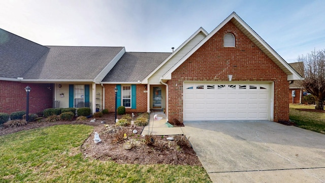 view of front facade with a shingled roof, brick siding, concrete driveway, a front yard, and an attached garage