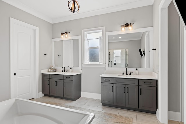 full bath featuring a sink, two vanities, and a stall shower