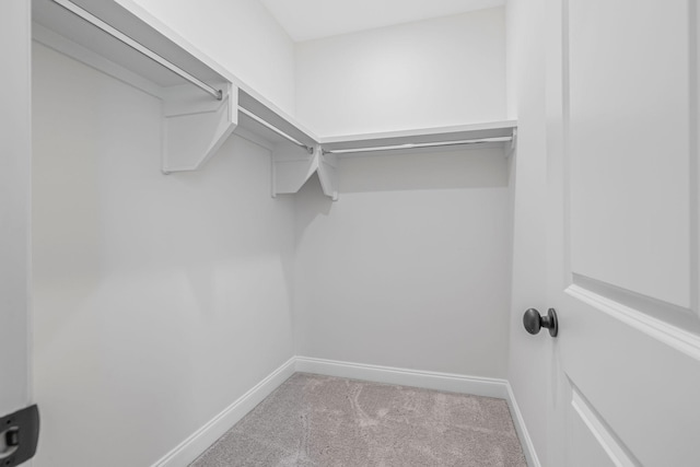 walk in closet featuring light colored carpet