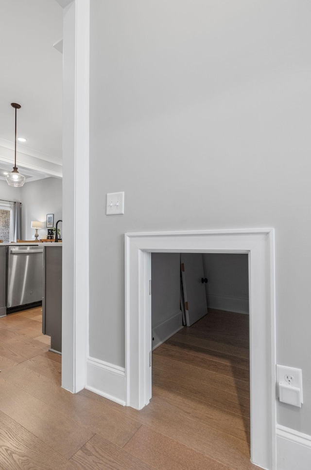 interior details featuring baseboards, dishwasher, and wood finished floors