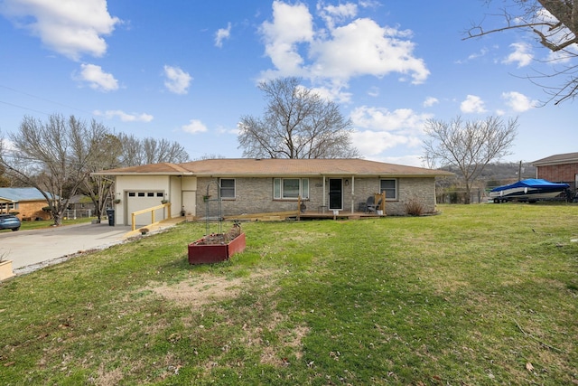 single story home with brick siding, an attached garage, driveway, and a front yard