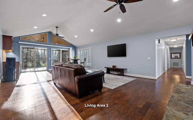 living room with ceiling fan, baseboards, visible vents, and dark wood finished floors