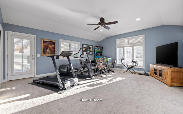 exercise area with baseboards, vaulted ceiling, and carpet