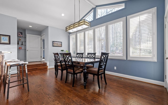 dining space featuring recessed lighting, visible vents, baseboards, dark wood-type flooring, and vaulted ceiling