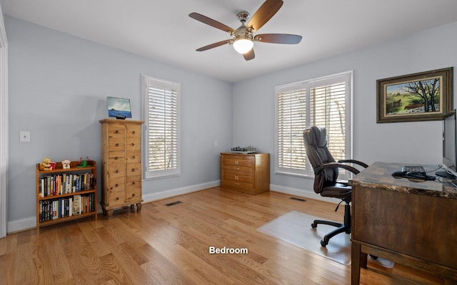 home office featuring light wood-style flooring, visible vents, baseboards, and a ceiling fan