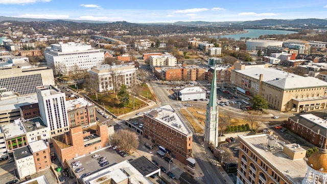 drone / aerial view with a water view and a view of city