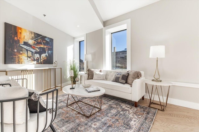 living room featuring wood finished floors and baseboards