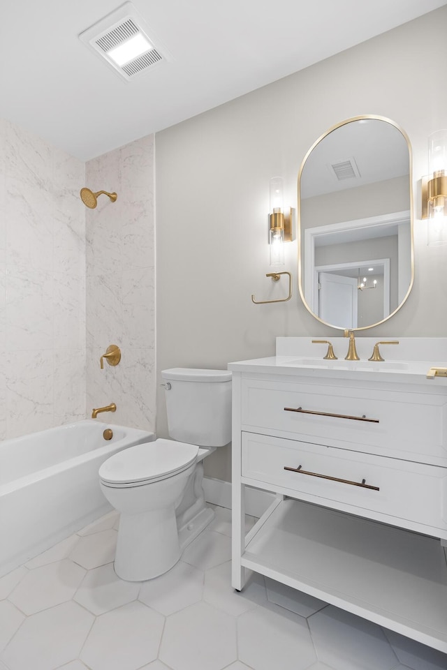 bathroom featuring toilet, visible vents, shower / washtub combination, and vanity