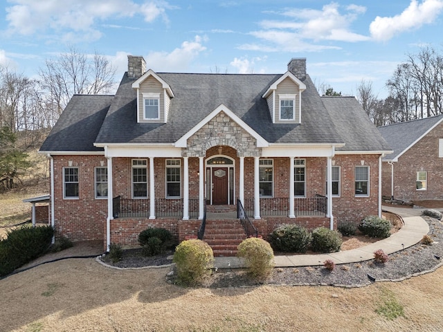 cape cod house with stone siding, a chimney, a porch, and brick siding