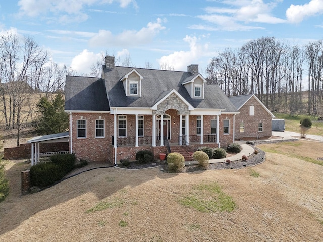 view of front facade with covered porch, brick siding, and a chimney