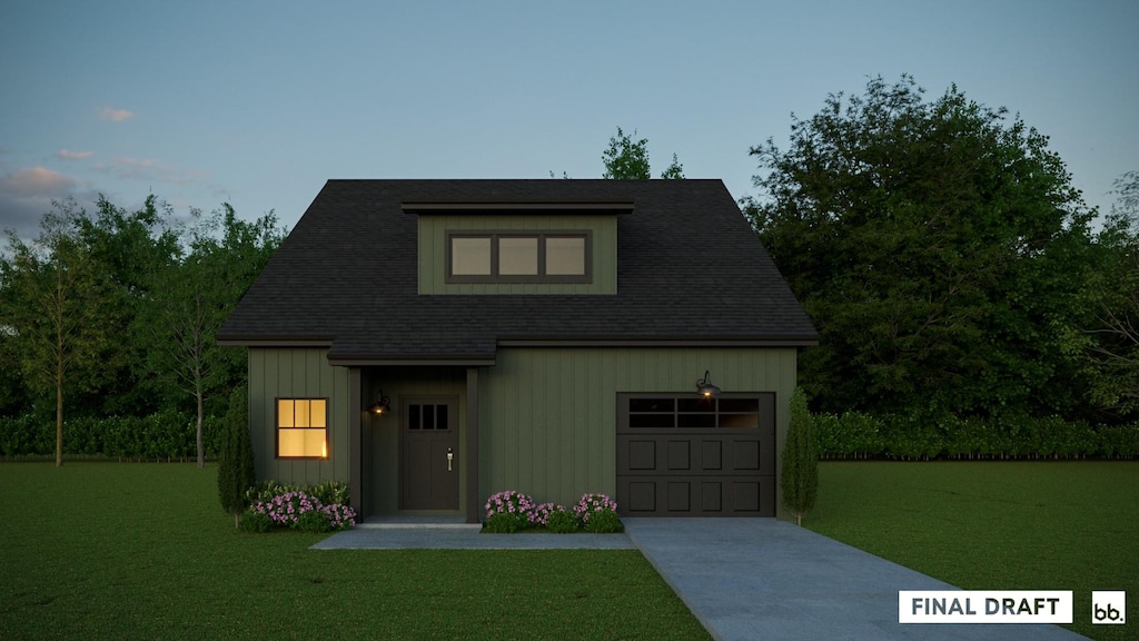 view of front of house with driveway, board and batten siding, and a front yard