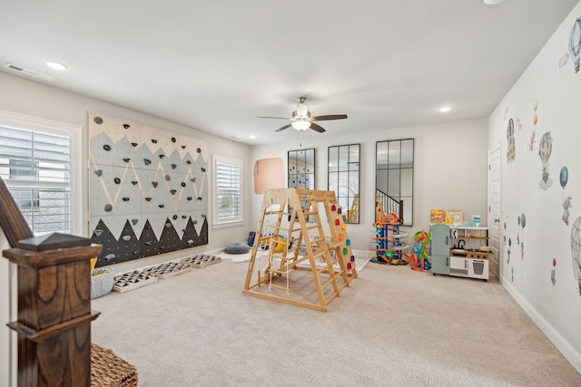 rec room featuring ceiling fan, recessed lighting, carpet flooring, visible vents, and baseboards