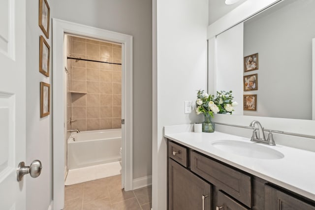 full bath with tile patterned flooring, shower / bath combination, vanity, and baseboards