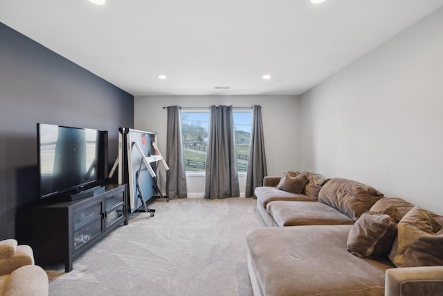 7609 Nolensville Rd, Nolensville, TN 37135 - living room featuring recessed lighting, light colored carpet, and baseboards