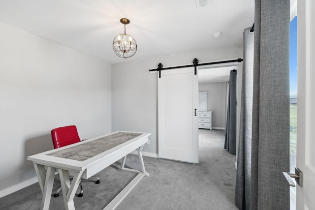 7609 Nolensville Rd, Nolensville, TN 37135 - office area featuring a barn door, baseboards, light colored carpet, a water view, and an inviting chandelier