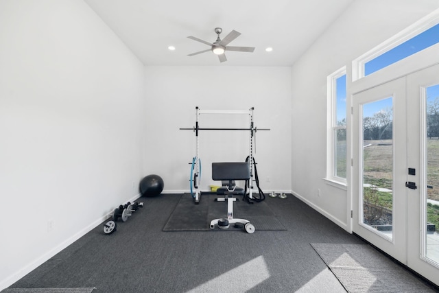 7609 Nolensville Rd, Nolensville, TN 37135 - workout room with french doors, recessed lighting, a ceiling fan, and baseboards
