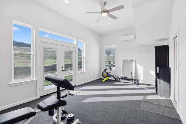 7609 Nolensville Rd, Nolensville, TN 37135 - workout room with french doors, recessed lighting, dark colored carpet, a wall mounted air conditioner, and baseboards