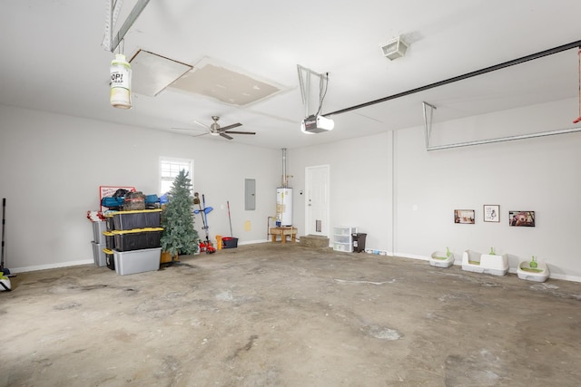 garage with a garage door opener, electric panel, water heater, and baseboards