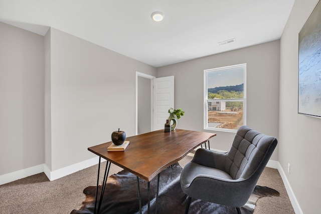 office area with carpet floors, visible vents, and baseboards