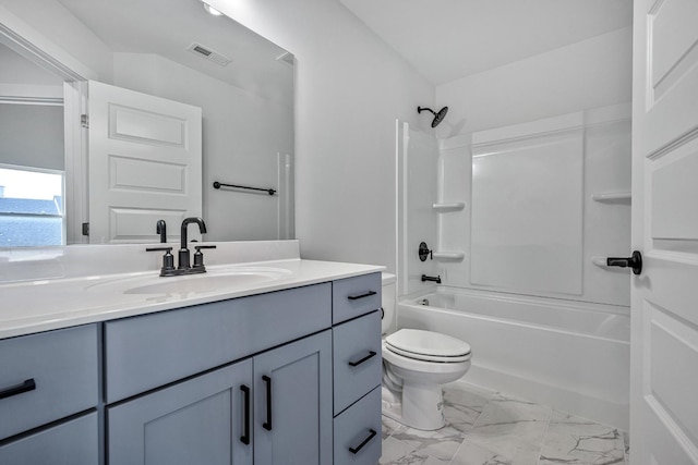 full bath featuring marble finish floor, visible vents, toilet, washtub / shower combination, and vanity