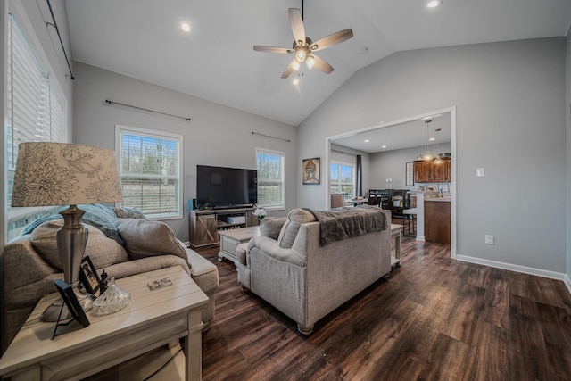 living room with high vaulted ceiling, recessed lighting, a ceiling fan, baseboards, and dark wood-style floors