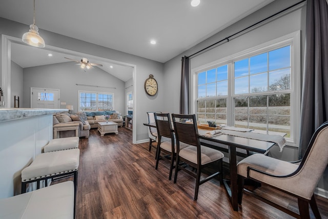 dining room with ceiling fan, recessed lighting, baseboards, vaulted ceiling, and dark wood-style floors