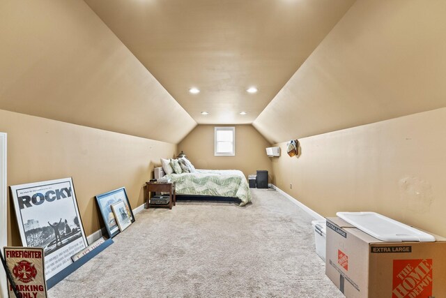 bedroom with lofted ceiling, baseboards, carpet flooring, and recessed lighting