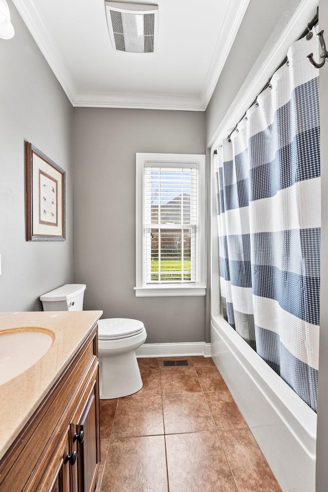 full bathroom with tile patterned flooring, vanity, visible vents, and ornamental molding