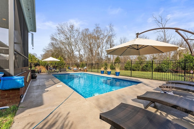 view of pool featuring a fenced in pool, a patio area, and a fenced backyard