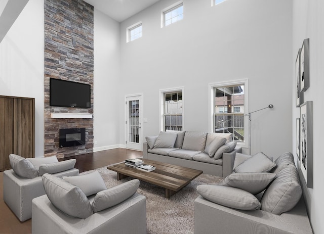 living area with baseboards, wood finished floors, and a stone fireplace