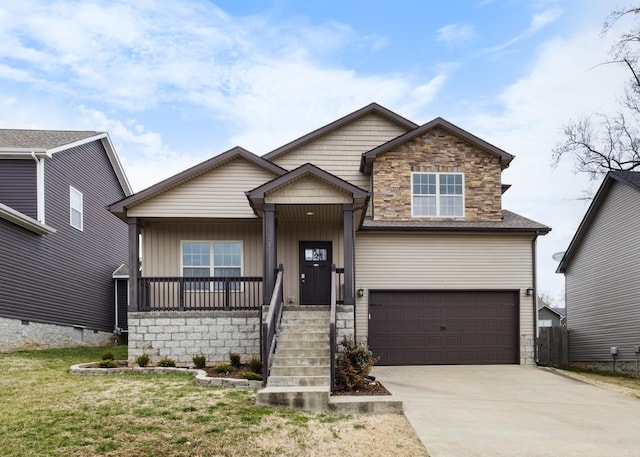 view of front facade with a garage, covered porch, concrete driveway, a front lawn, and board and batten siding