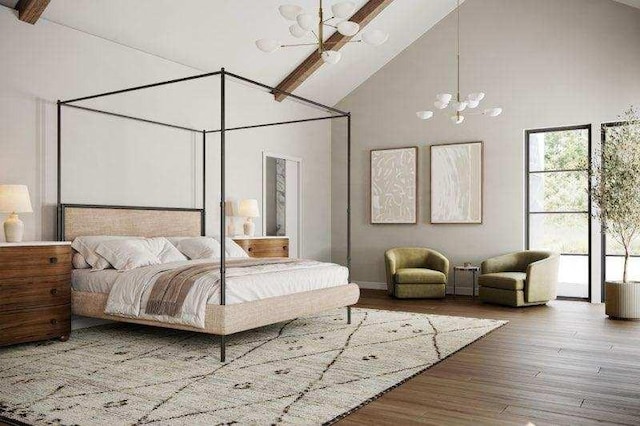 bedroom with an inviting chandelier, high vaulted ceiling, wood finished floors, and beamed ceiling