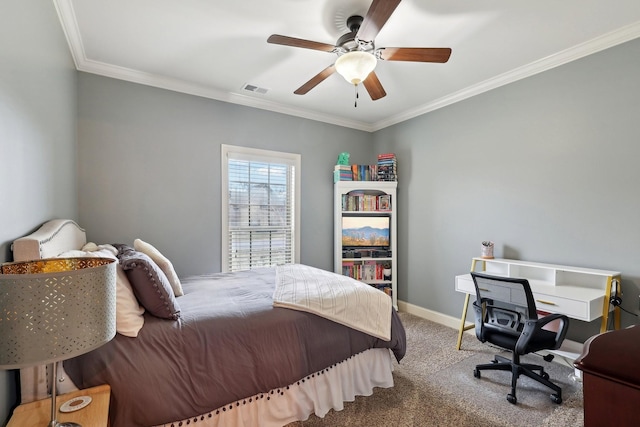 bedroom with carpet, visible vents, ornamental molding, a ceiling fan, and baseboards