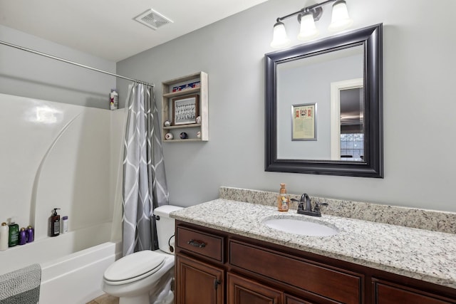 full bath with toilet, shower / bathtub combination with curtain, visible vents, and vanity