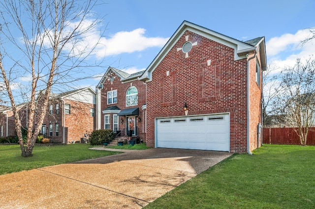 traditional-style home with an attached garage, brick siding, fence, concrete driveway, and a front lawn