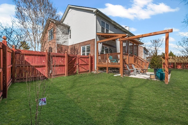 view of playground featuring a gate, a fenced backyard, a patio, and a lawn