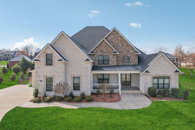 view of front of house featuring a porch, brick siding, fence, and a front lawn