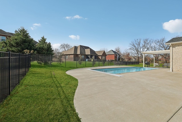 view of swimming pool featuring a fenced in pool, fence, a lawn, and a pergola