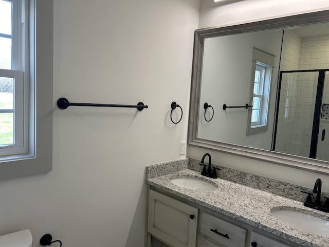 bathroom with a sink, a tile shower, and double vanity